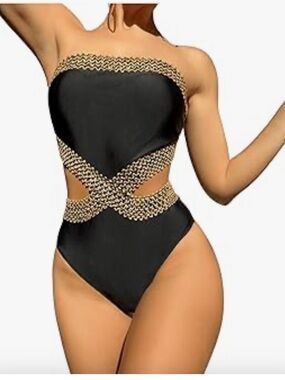 Milumia NWOT Strapless Cutout One-Piece Swimsuit – Black & Gold – Size S